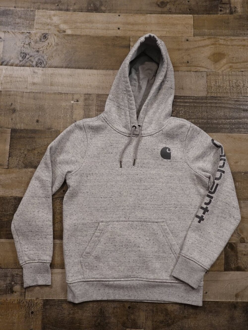 Carhartt Logo Sleeve Hoodie Women's XS Asphalt Heather Relaxed Fit Sweatshirt